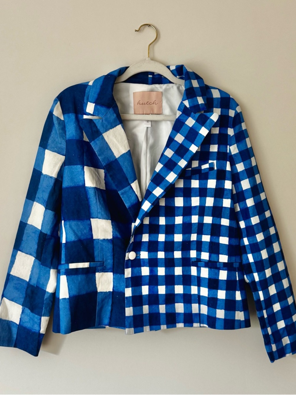 Anthro Hutch Linen / Cotton Gingham & Plaid Print Blazer, Blue & White – Size XS